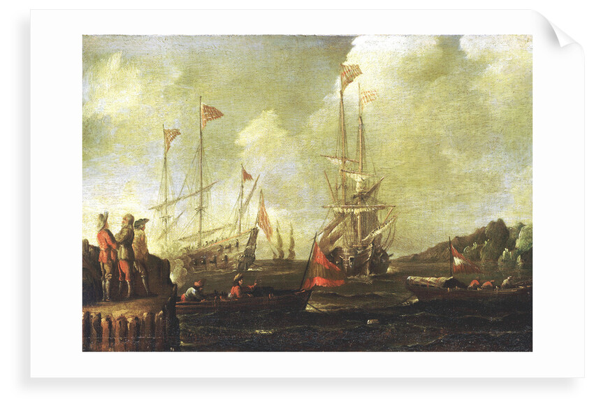 Harbour scene: Spanish ships approaching a jetty by Sebastian Castro