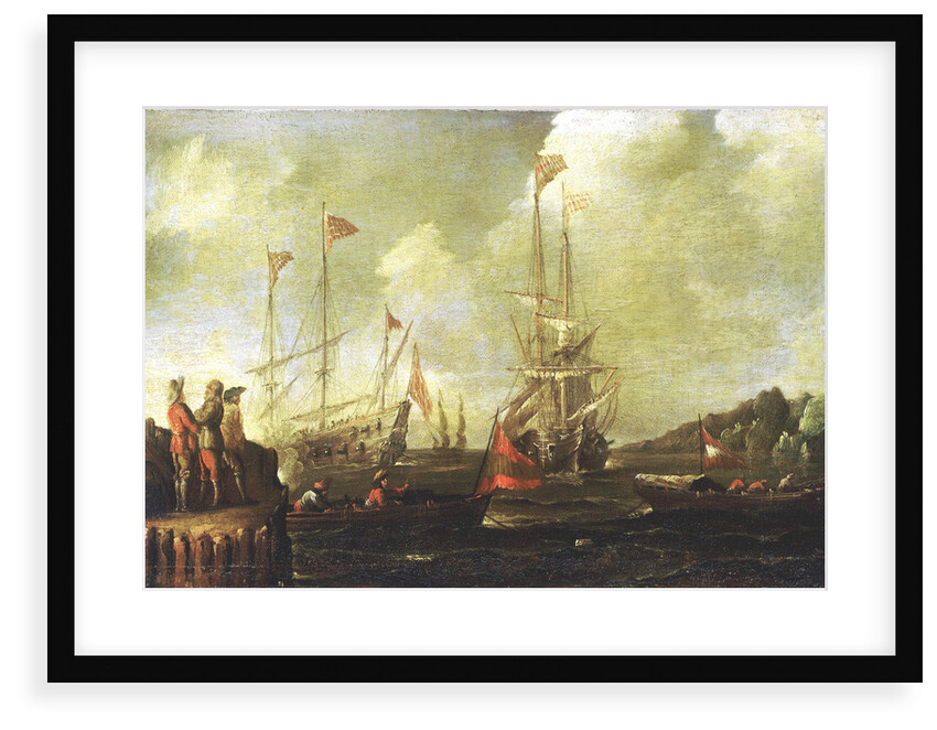 Harbour scene: Spanish ships approaching a jetty by Sebastian Castro
