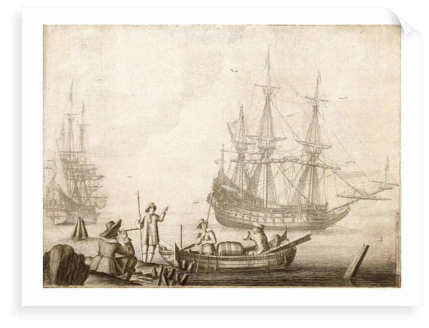 Men in a boat near two Dutch ships by Experiens Sillemans