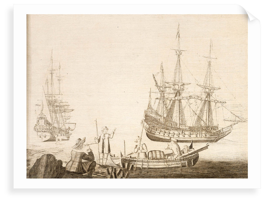 Men in a boat near two Dutch ships by Experiens Sillemans