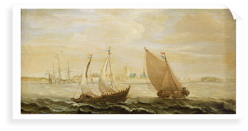 A yacht and a small vessel underway off a Dutch harbour by Cornelisz Verbeecq
