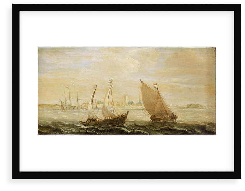 A yacht and a small vessel underway off a Dutch harbour by Cornelisz Verbeecq