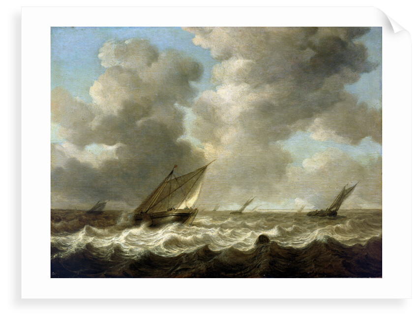 Fishing boats in a rough sea by Simon de Vlieger