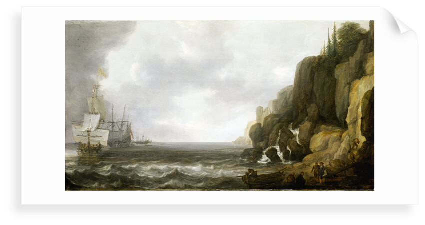 Dutch ships revictualling off a rocky coast by Simon de Vlieger