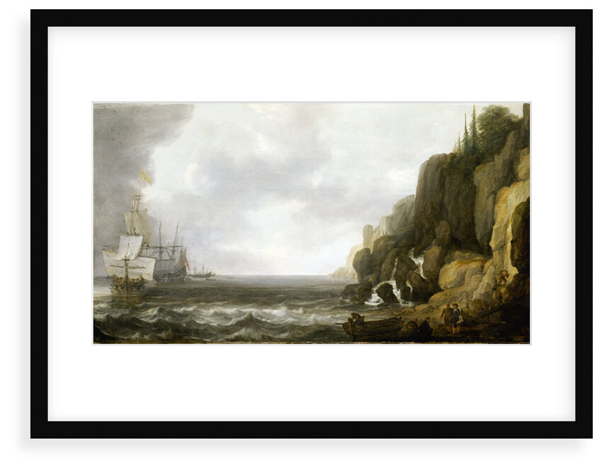 Dutch ships revictualling off a rocky coast by Simon de Vlieger