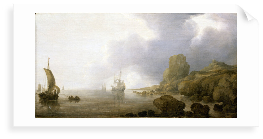 Ships becalmed on a rocky coast by Simon de Vlieger