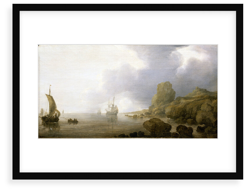 Ships becalmed on a rocky coast by Simon de Vlieger