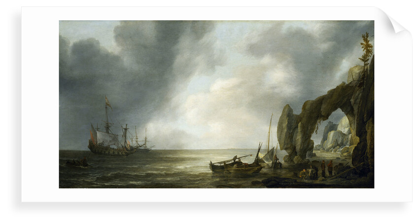 Dutch men-of-war off a craggy coast by Simon de Vlieger