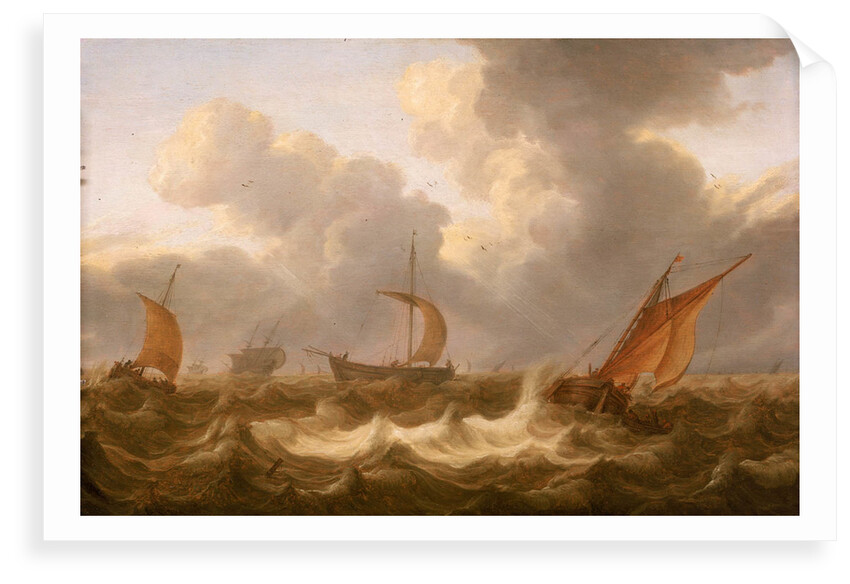 Fishing boats in a choppy sea by Cornelisz Leonardsz Stooter