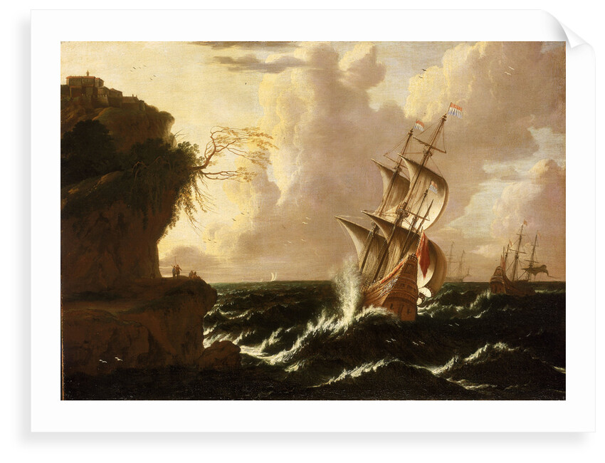 A Dutch ship in a storm by Matthieu van Plattenberg