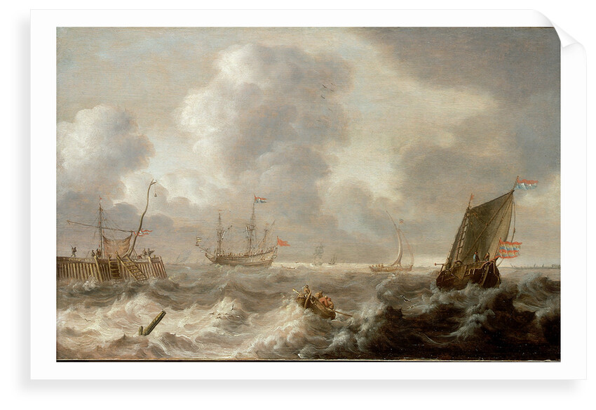 Dutch ships in a rough sea by Pieter van der Croos