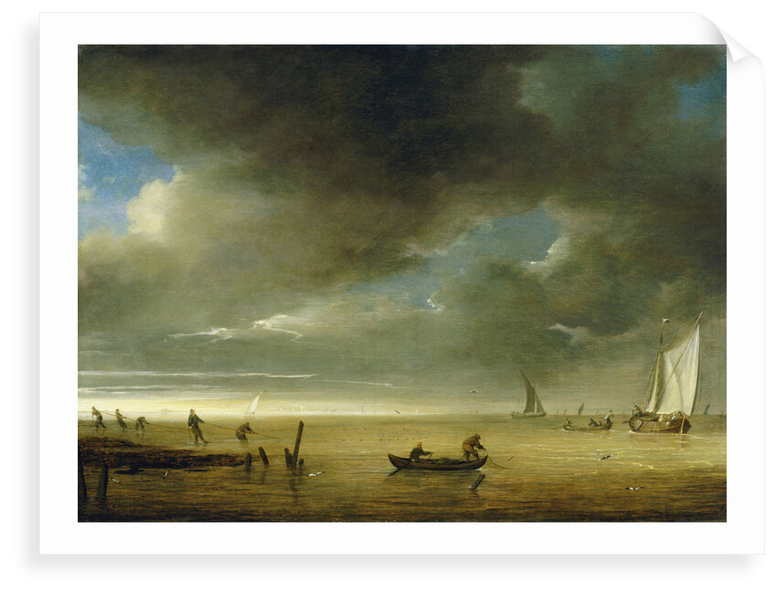 Fishermen on shore hauling in their nets by Julius Porcellis