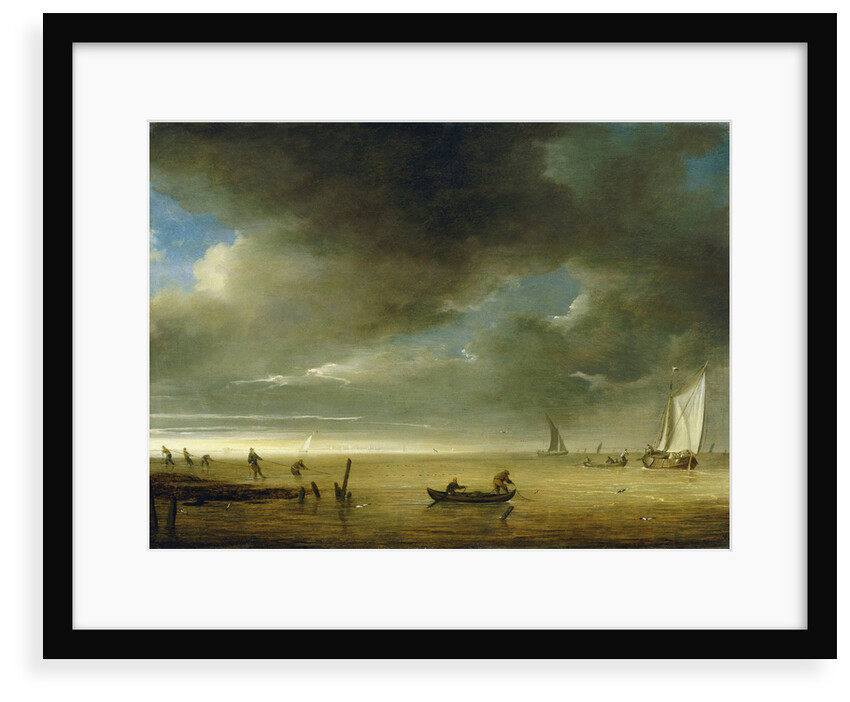 Fishermen on shore hauling in their nets by Julius Porcellis