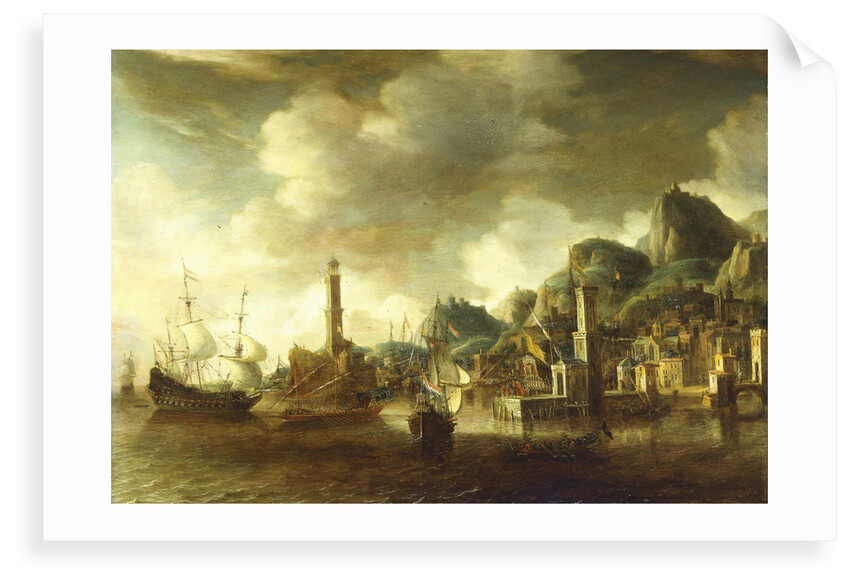 A Dutch flagship and a Fluyt running into a Mediterranean harbour by Johannes Beerstraaten