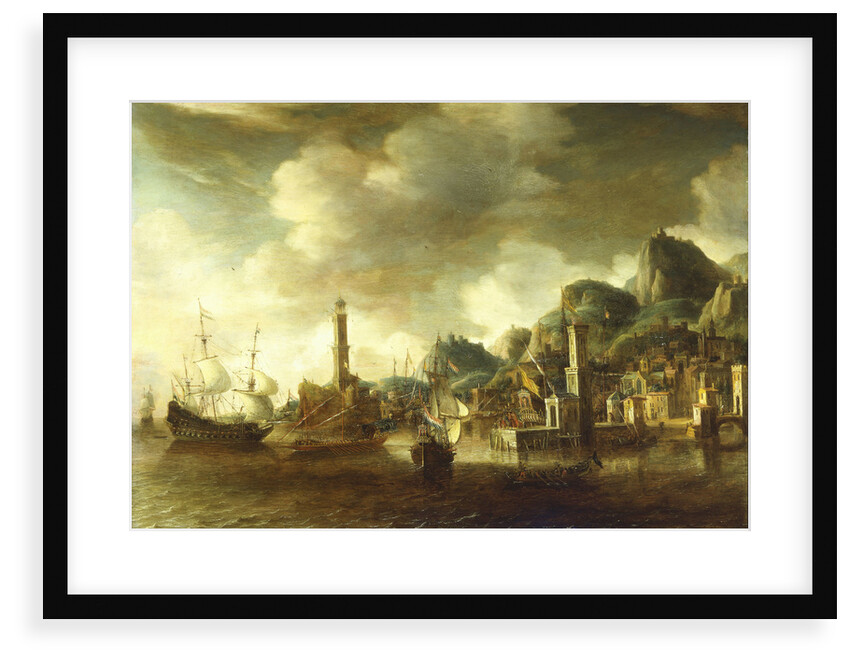 A Dutch flagship and a Fluyt running into a Mediterranean harbour by Johannes Beerstraaten