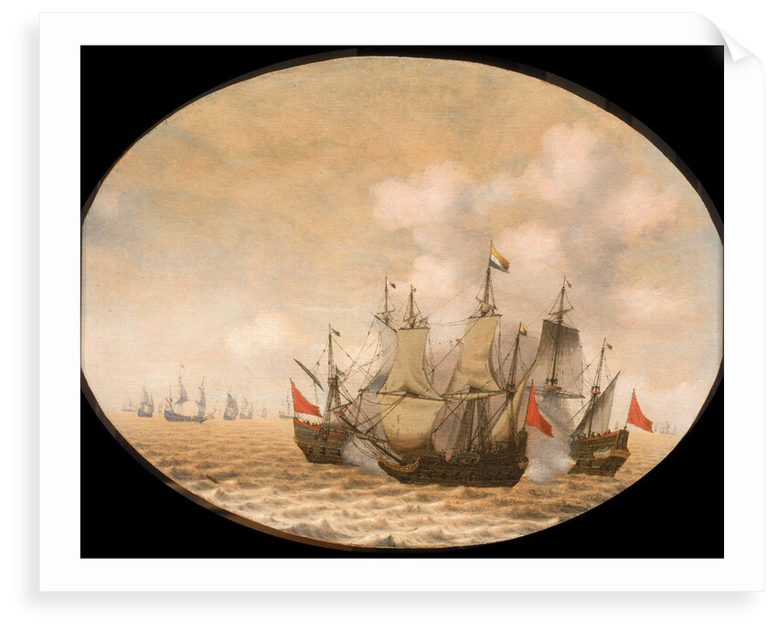 A Dutch ship engaged with two Spanish ships by Pieter Cornelisz van Soest