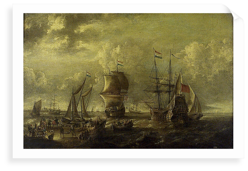 Dutch men-of-war and fishing boats in harbour by C.W. Monogrammist