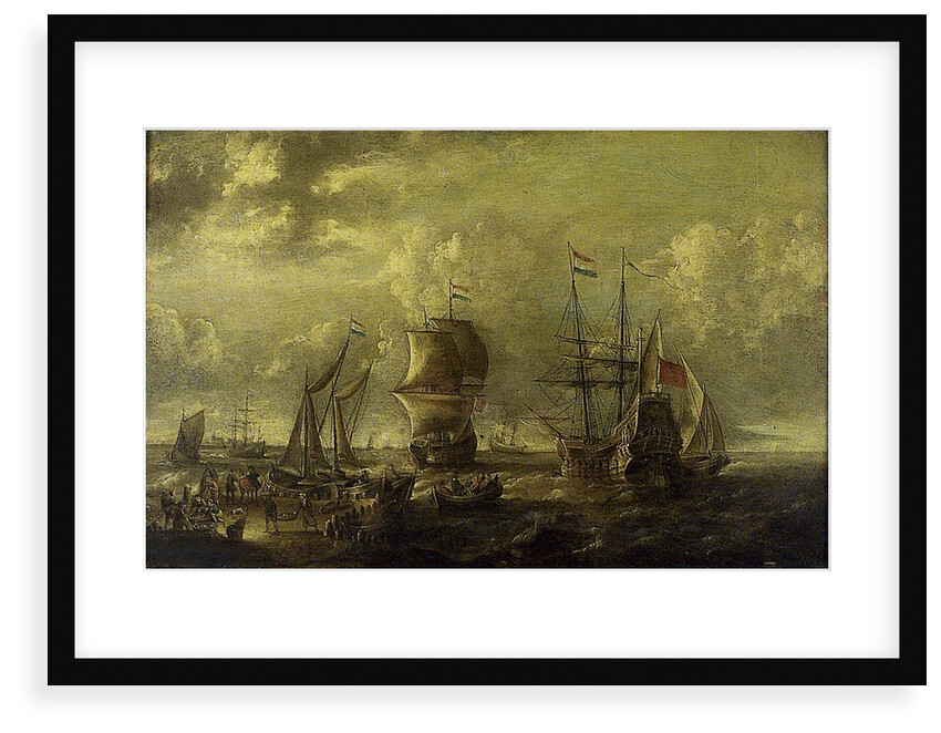 Dutch men-of-war and fishing boats in harbour by C.W. Monogrammist
