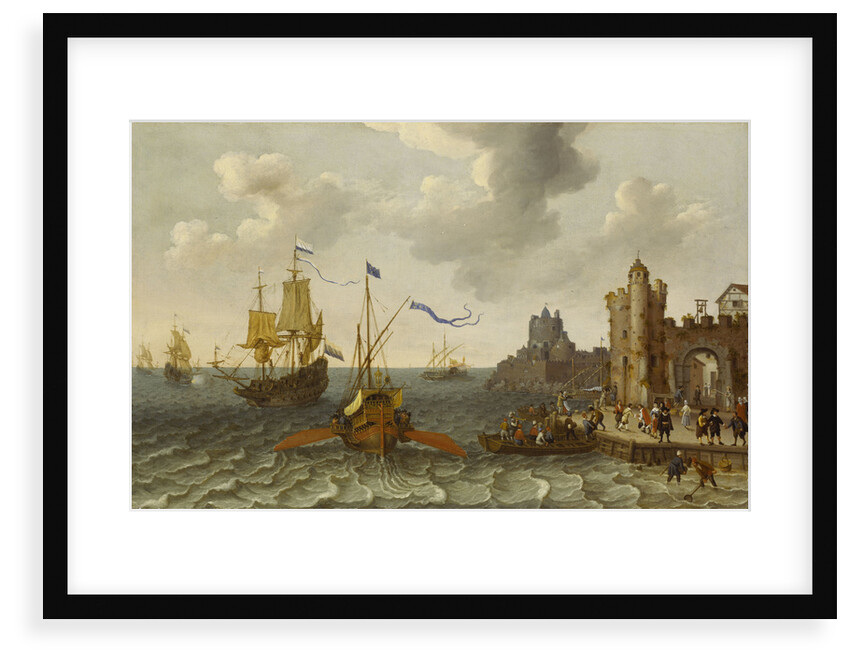 A French galley and Dutch men-of-war off a port by Abraham Willaerts