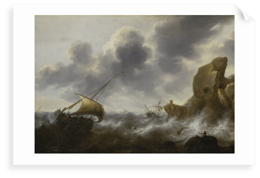 A fishing boat off a rocky coast in a storm with a wreck by Jacob Adriaensz Bellevois