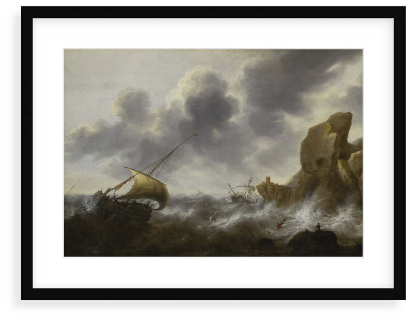 A fishing boat off a rocky coast in a storm with a wreck by Jacob Adriaensz Bellevois