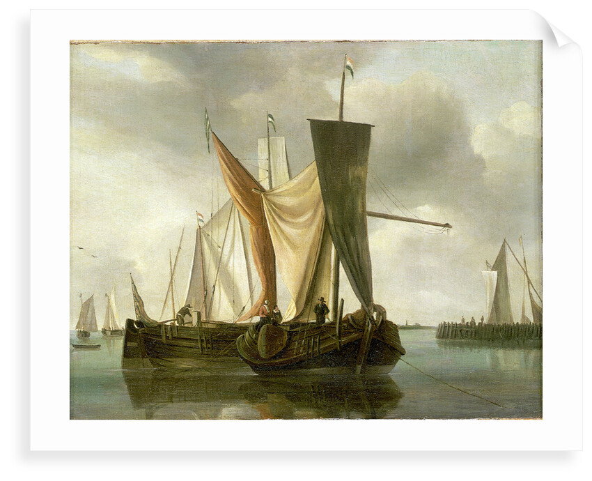 Dutch fishing boats becalmed near a jetty by Hendrik-Jacobsz Dubbels