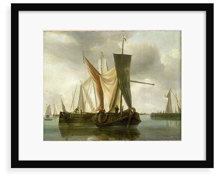 Dutch fishing boats becalmed near a jetty by Hendrik-Jacobsz Dubbels