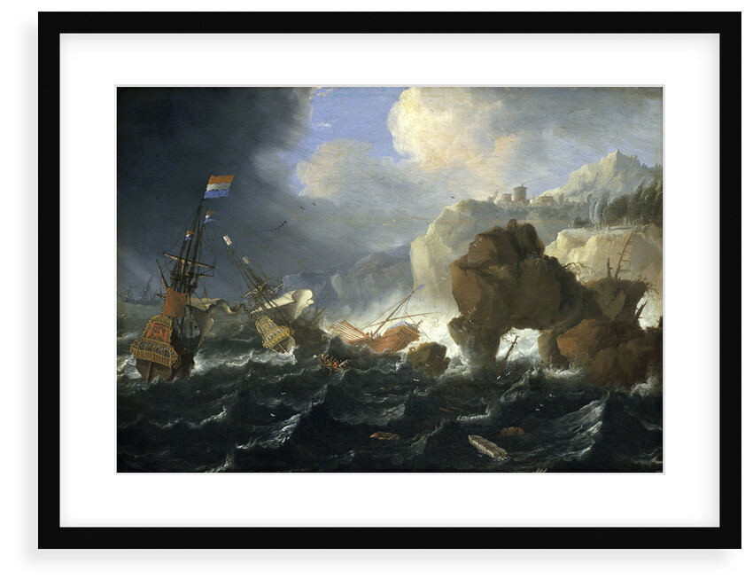 Ships and a galley wrecked on a rocky coast by Jan Peeters