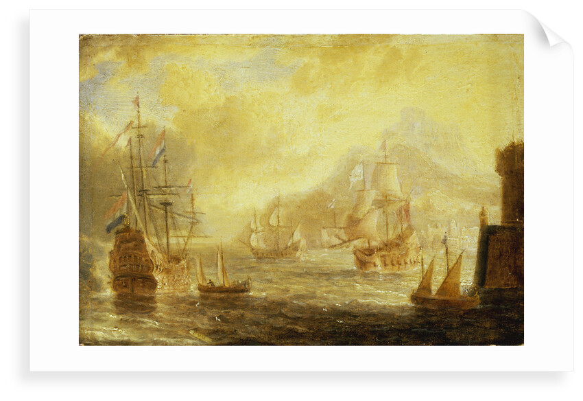 Ships at anchor off a mediterranean harbour by Pieter van den Velde