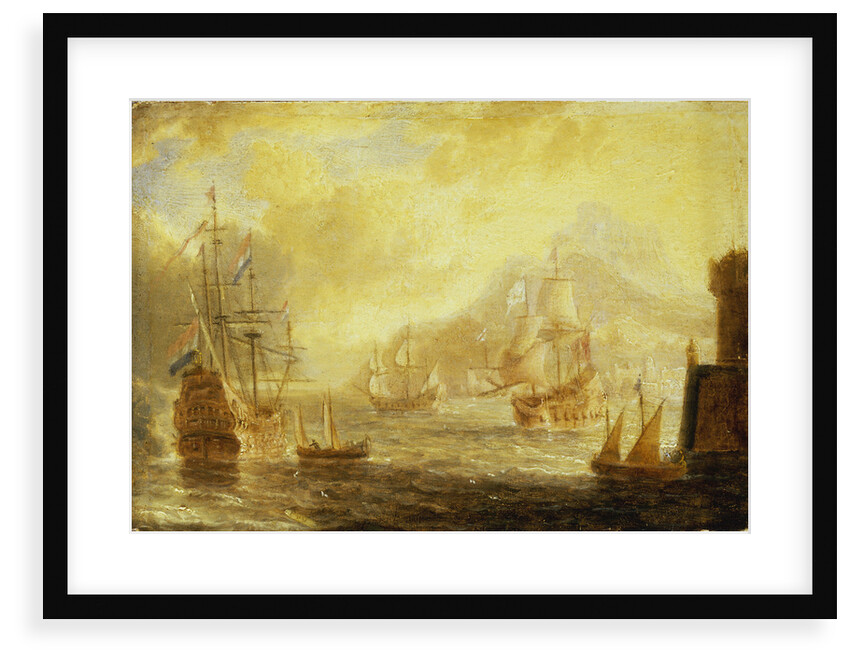 Ships at anchor off a mediterranean harbour by Pieter van den Velde