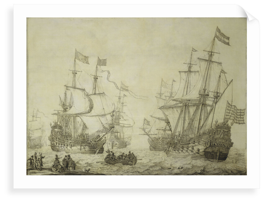 Two Dutch merchant ships under sail near the shore in a moderate breeze by Willem van de Velde the Elder