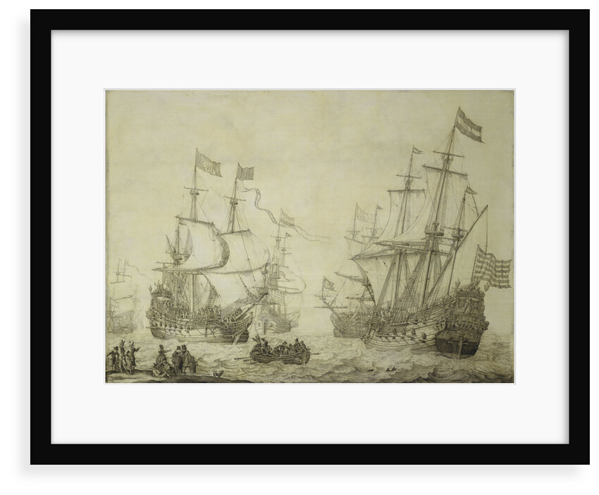 Two Dutch merchant ships under sail near the shore in a moderate breeze by Willem van de Velde the Elder