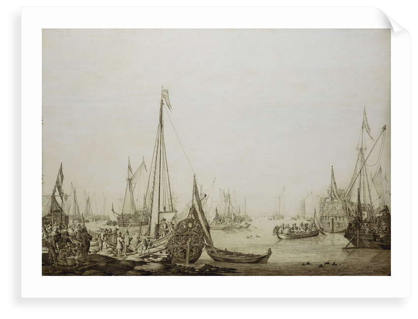 Calm: a Dutch bezan yacht and other vessels in a crowded harbour by Willem van de Velde the Elder
