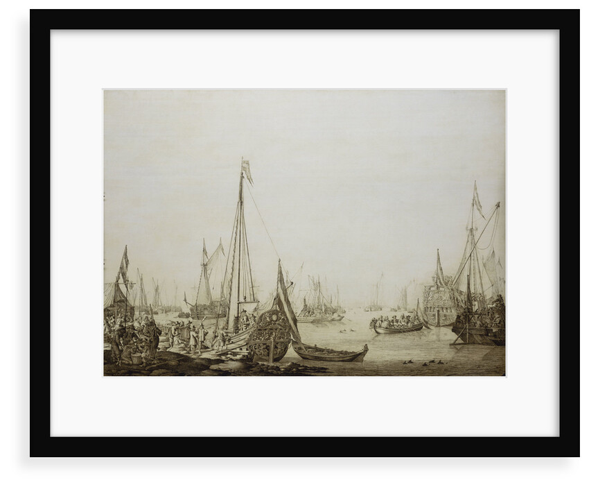 Calm: a Dutch bezan yacht and other vessels in a crowded harbour by Willem van de Velde the Elder