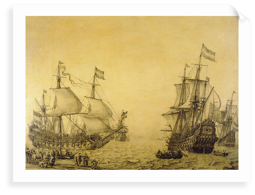 The Dutch ship 'Oosterwijk' under sail near the shore, in two positions by Willem van de Velde the Elder