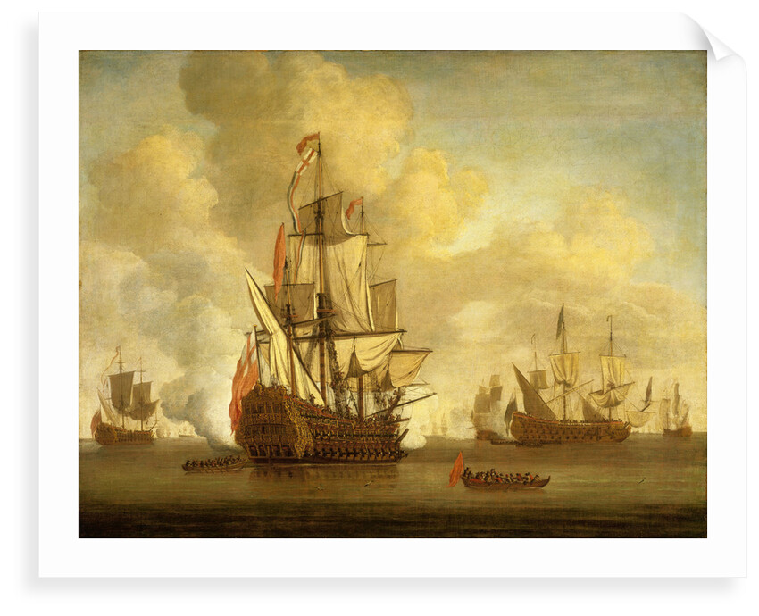 Calm: an English two-decker with sails loosed firing a salute by Willem van de Velde the Elder