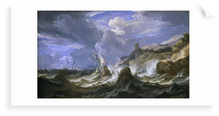 A ship wrecked in a storm off a rocky coast by Pieter Mulier