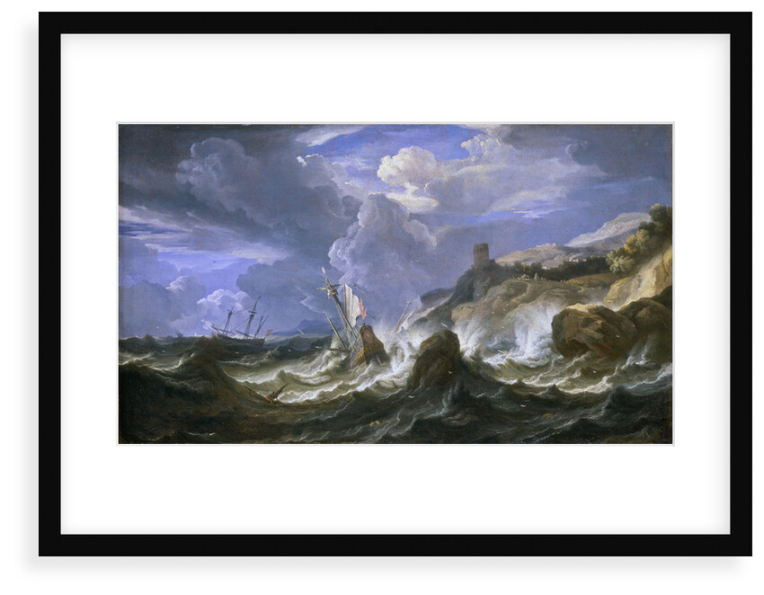 A ship wrecked in a storm off a rocky coast by Pieter Mulier