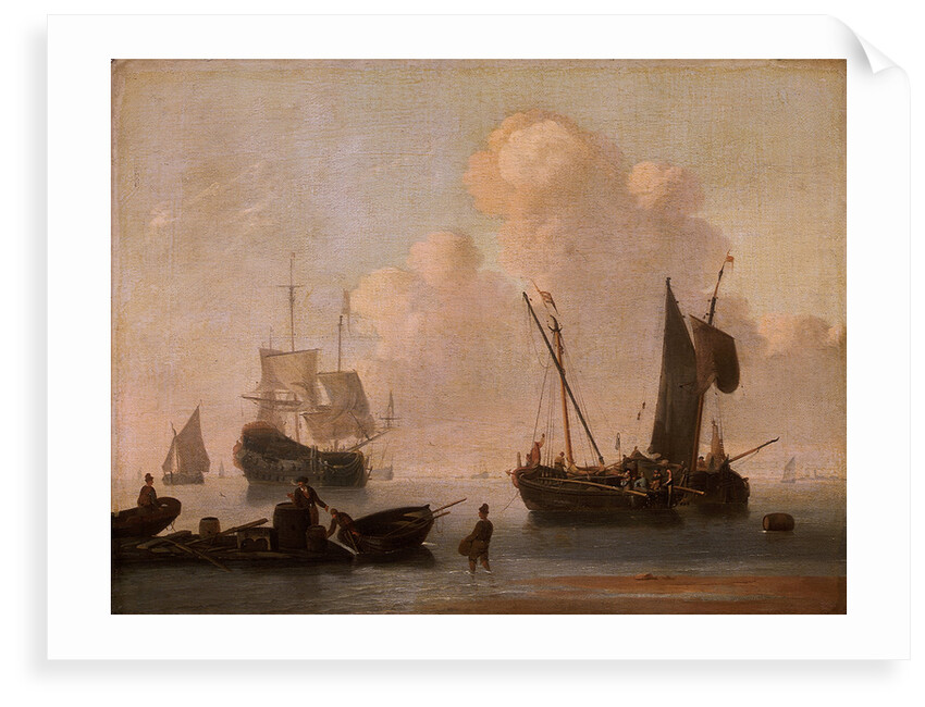 Dutch shipping with a raft near the shore by Willem Van de Velde the Younger