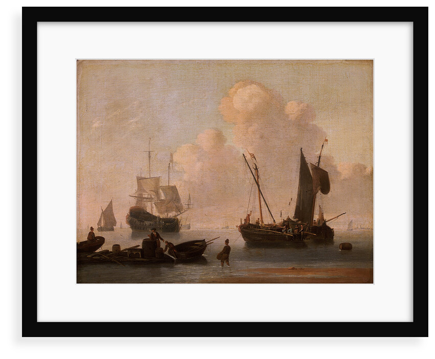 Dutch shipping with a raft near the shore by Willem Van de Velde the Younger