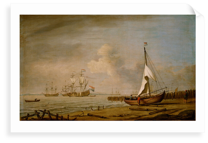 A fishing pink hauled up on the beach in a fresh breeze on the Dutch coast by Willem Van de Velde the Younger