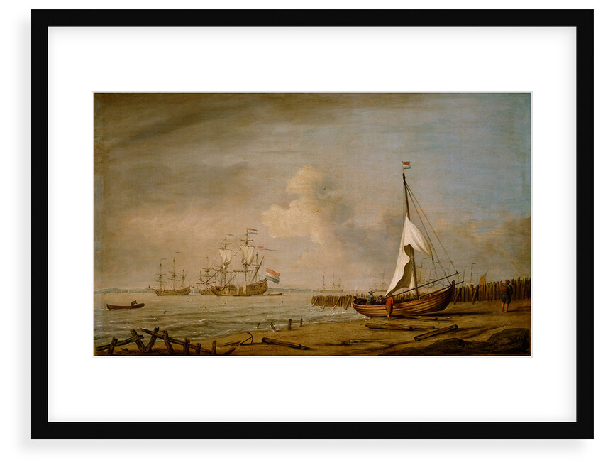 A fishing pink hauled up on the beach in a fresh breeze on the Dutch coast by Willem Van de Velde the Younger