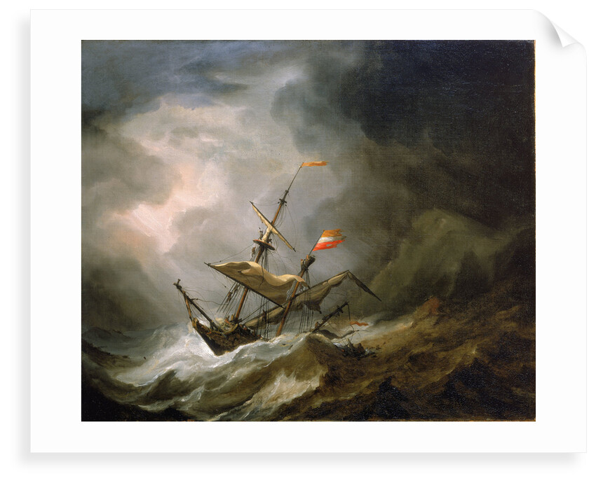 A mediterranean brigantine drifting onto a rocky coast in a storm by Willem Van de Velde the Younger