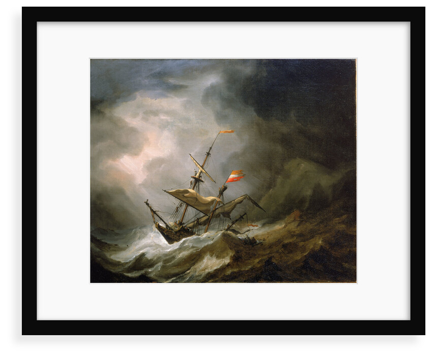 A mediterranean brigantine drifting onto a rocky coast in a storm by Willem Van de Velde the Younger