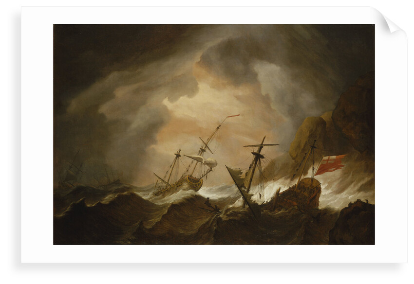 Two English ships wrecked in a storm on a rocky coast by Willem Van de Velde the Younger
