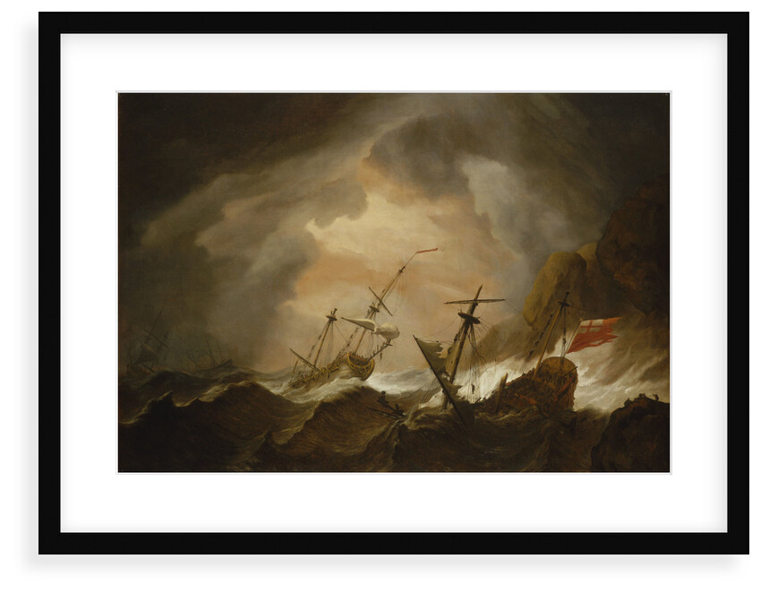 Two English ships wrecked in a storm on a rocky coast by Willem Van de Velde the Younger