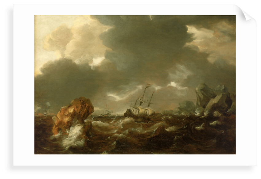 A Dutch merchant ship running between rocks in rough weather by Willem Van de Velde the Younger