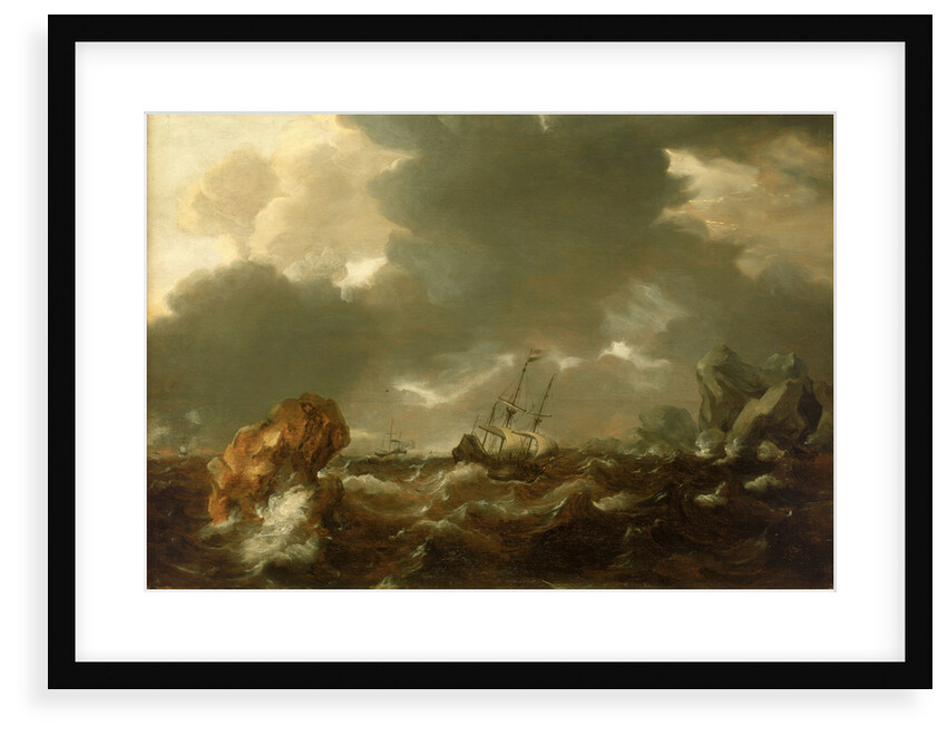 A Dutch merchant ship running between rocks in rough weather by Willem Van de Velde the Younger