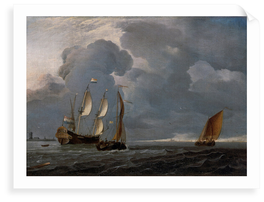 Two Dutch vessels and a flagship under sail in a harbour by Unknown