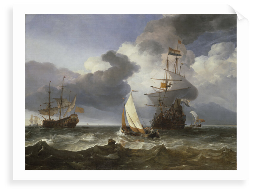 A smalschip with two Dutch East Indiamen coming to anchor by Hendrik-Jacobsz Dubbels
